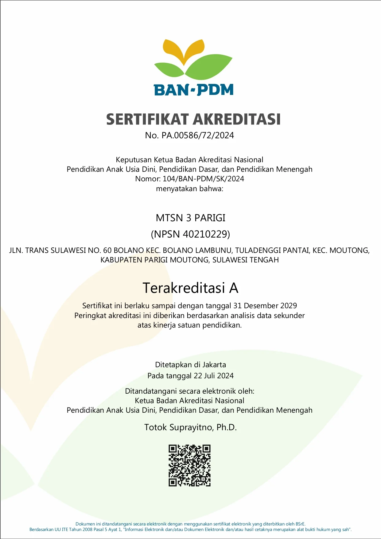 Sertifikat Akreditasi A Tahun 2024 104/BAN-PDM/SK/2024